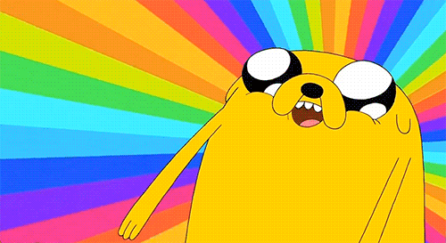 A cartoon character on a rainbow background.